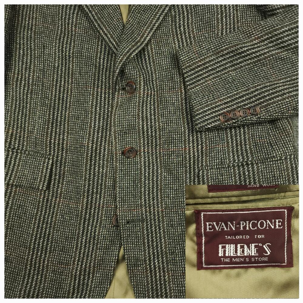 Vtg 90s Ivy Style Tweed Wool Glen Plaid Sport Coat Mens 44L Made in USA 3 Button